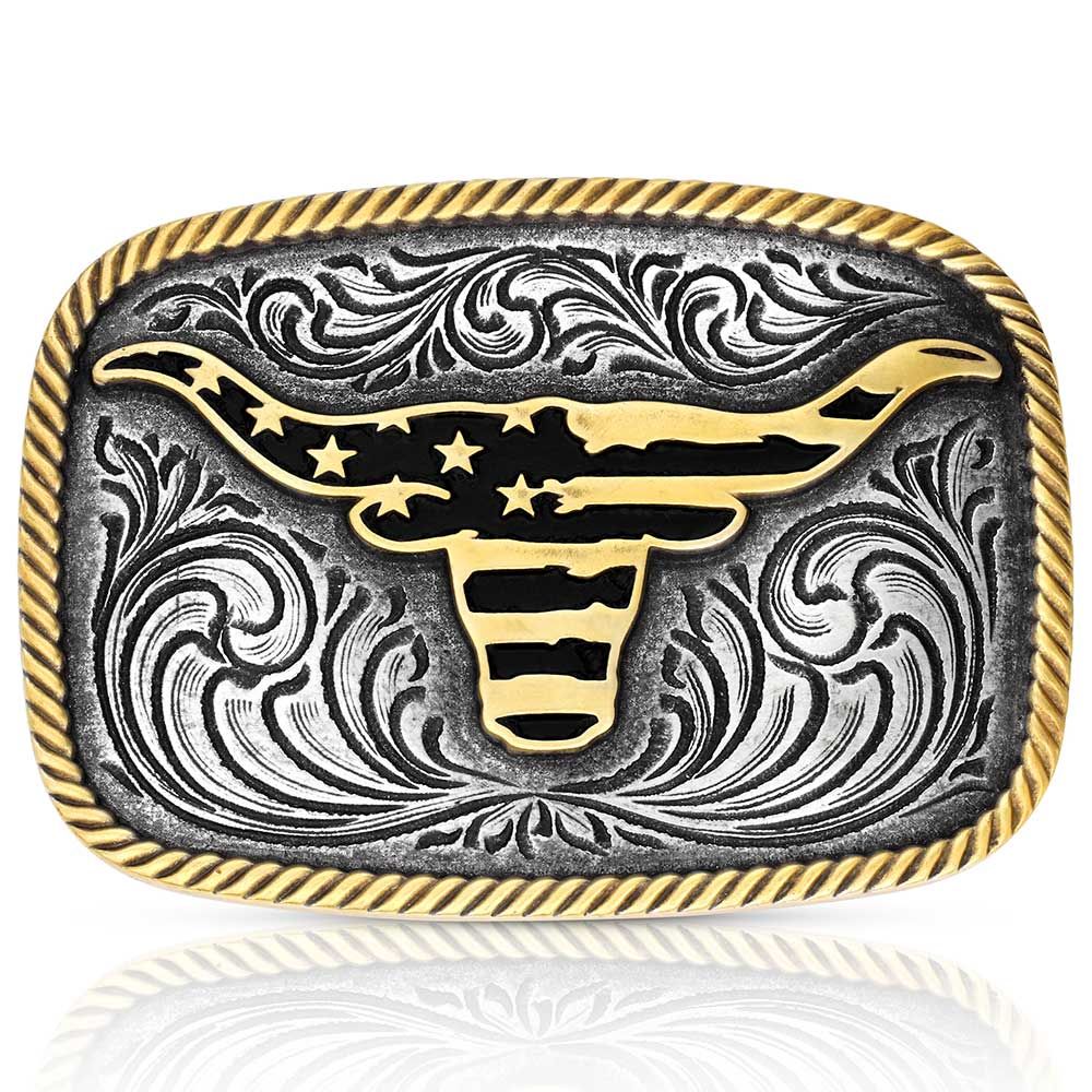 MONTANA SILVERSMITHS - Western Patriotic Longhorn Buckle, Colour: Silver &amp; Gold