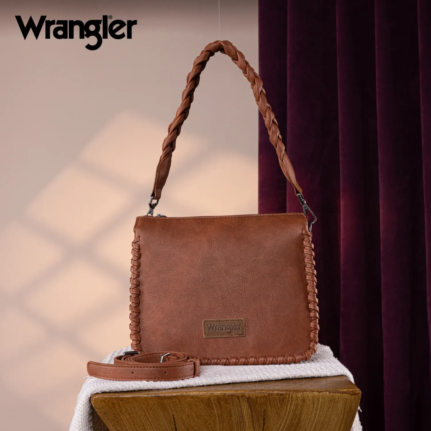 WRANGLER - Whipstitch Braided Strap Hobo/Crossbody Bag, Size: 10" x 2" x 8"
