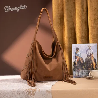 WRANGLER - Brown Fringe Studded Hobo Bag