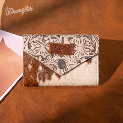 WRANGLER - Genuine Hair-On Cowhide Floral Tooled Tan Card Holder