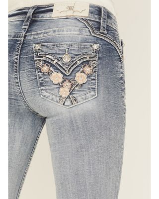 MISS ME - Light Wash Mid Rise Floral BootCut Jeans