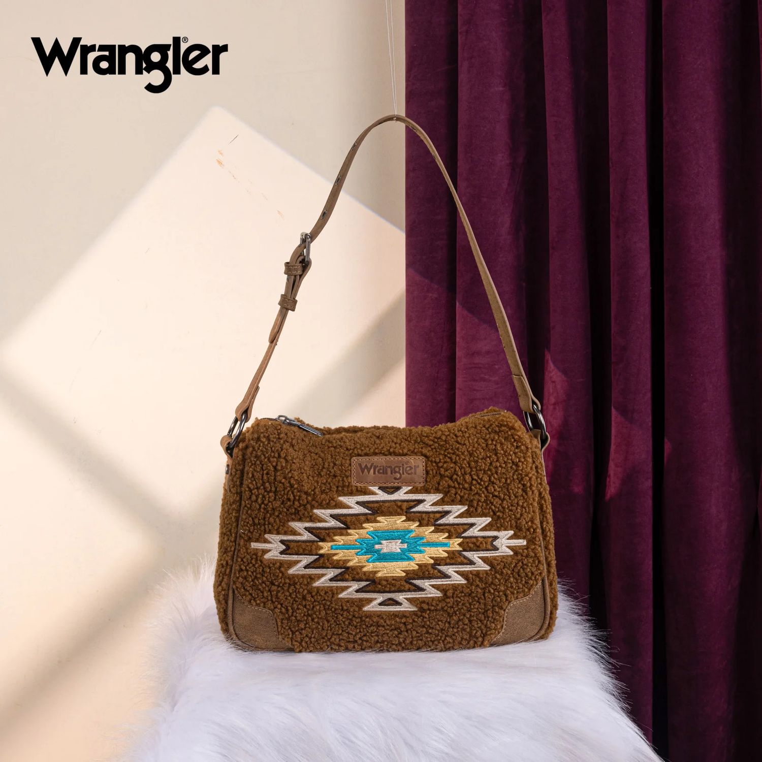 WRANGLER - Brown Sherpa Aztec Hobo / Shoulder Bag, Size: 10.5" X 3.5" X 8"
