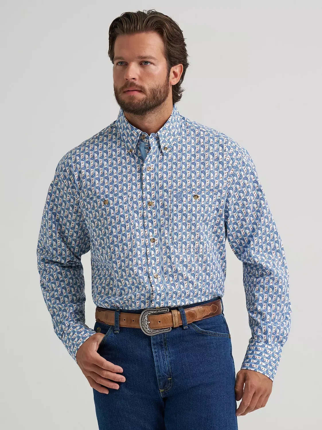 WRANGLER - George Strait Long Sleeve Button Down Two Pocket Baby Blue Paisley Shirt
