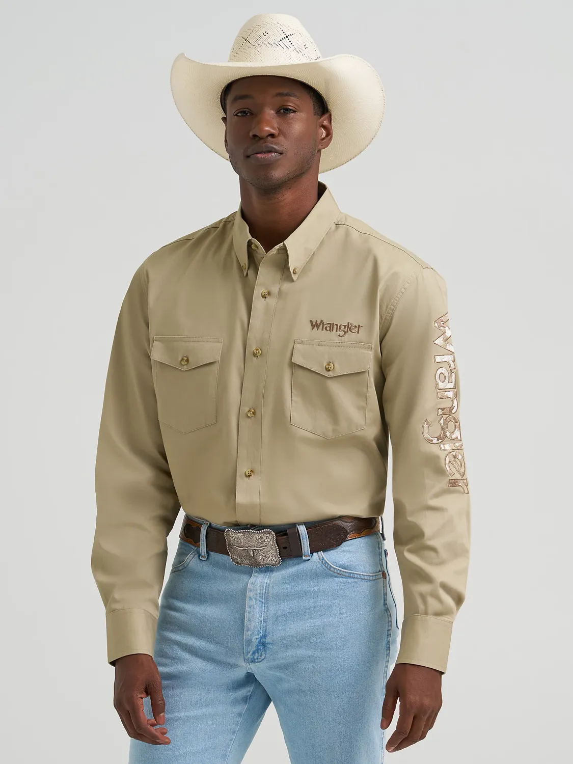 WRANGLER - Khaki Logo Long Sleeve Button Down Solid Shirt