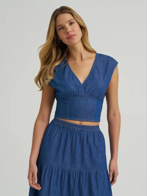 WRANGLER - Smocked Crop Denim Blouse