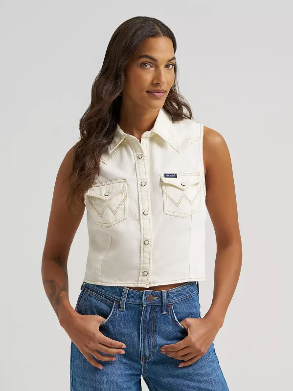 WRANGLER - Sleeveless Off White Denim Snap Shirt
