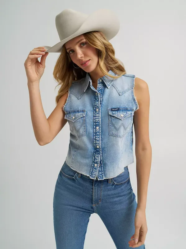 WRANGLER - Frayed Hem Sleeveless Light Denim Snap Shirt