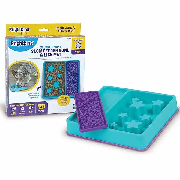 BRIGHTKINS - Square 2-in-1 Slow Feeder Bowl &amp; Lick Mat, Colour: Turquoise / Purple