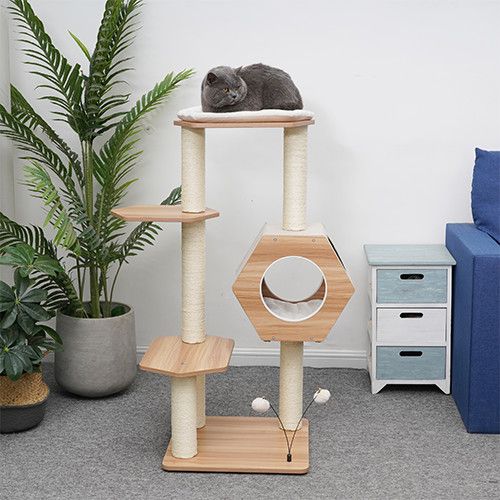PETPALS - Wagon Style Wooden 4-Level Cat Tree, Colour: Beige