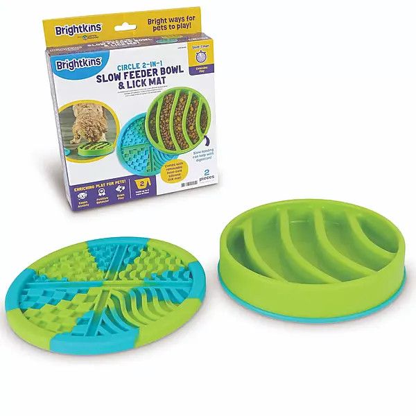 BRIGHTKINS - Circle 2-in-1 Slow Feeder Bowl &amp; Lick Mat, Colour: Vert &amp; Bleu