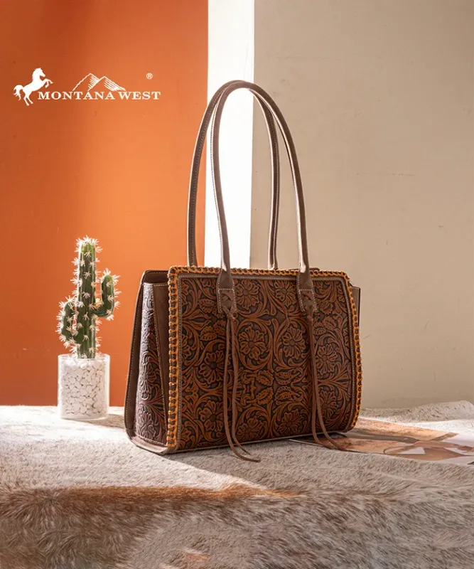 MONTANA WEST - Brown Floral Tooled Tote Bag