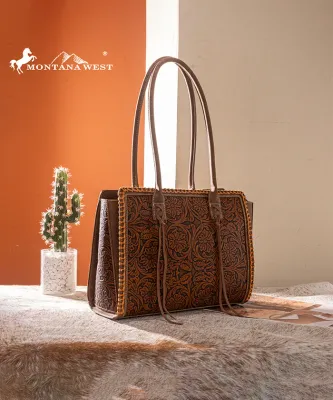 MONTANA WEST - Brown Floral Tooled Tote Bag