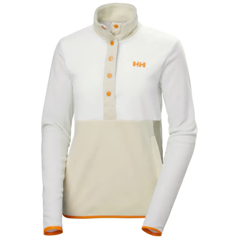 Daybreaker pullover sweater with white and beige snap buttons and orange details