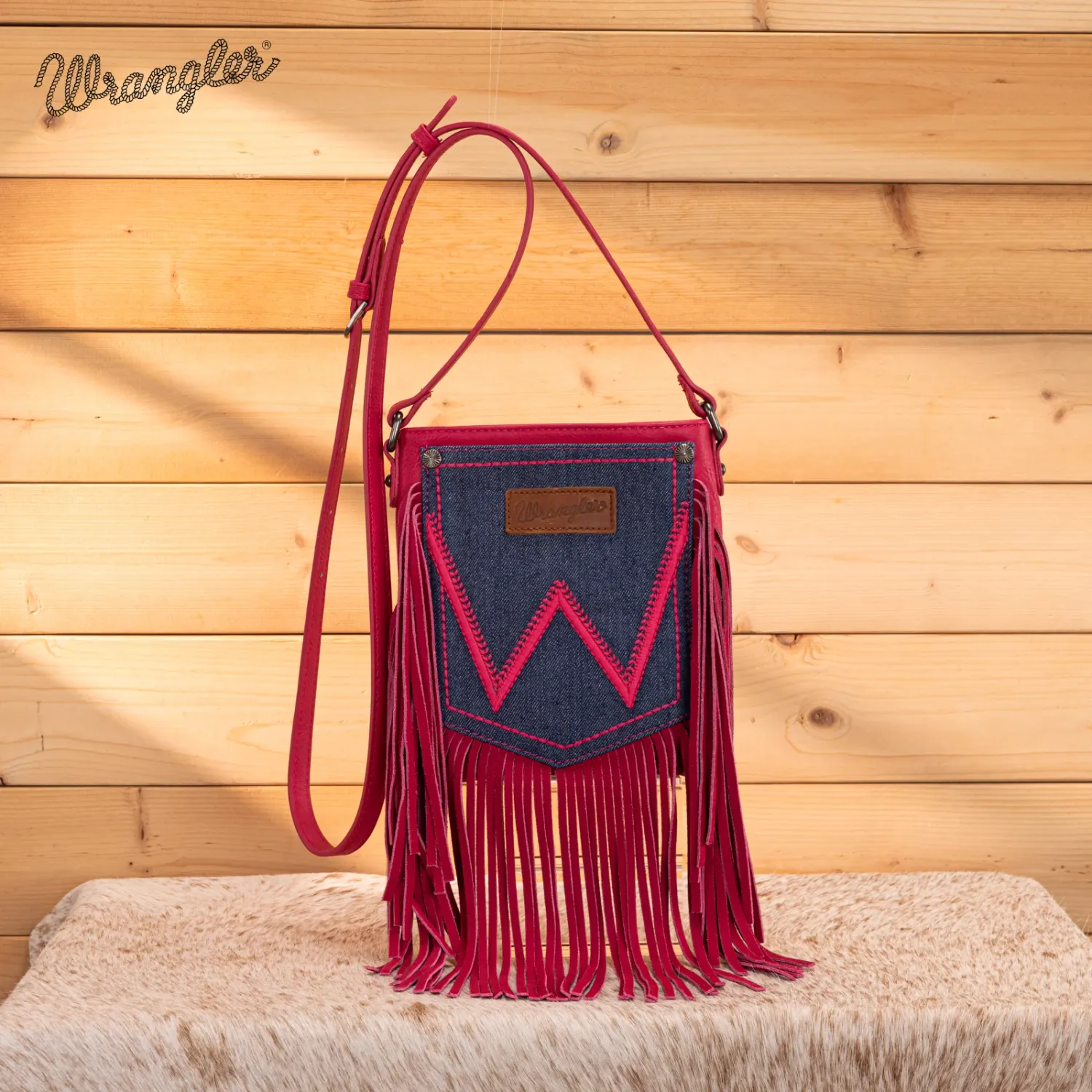 WRANGLER - Leather Fringe Jean Denim Pocket Hot Pink Crossbody