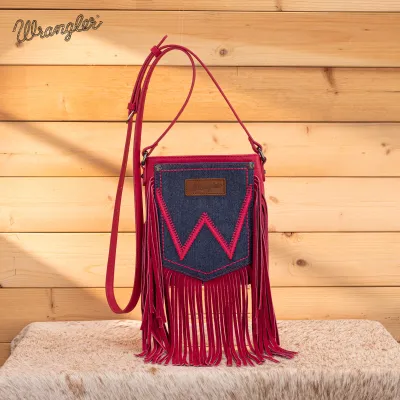WRANGLER - Leather Fringe Jean Denim Pocket Hot Pink Crossbody