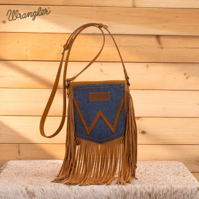 WRANGLER - Leather Fringe Jean Denim Pocket Light Brown Crossbody