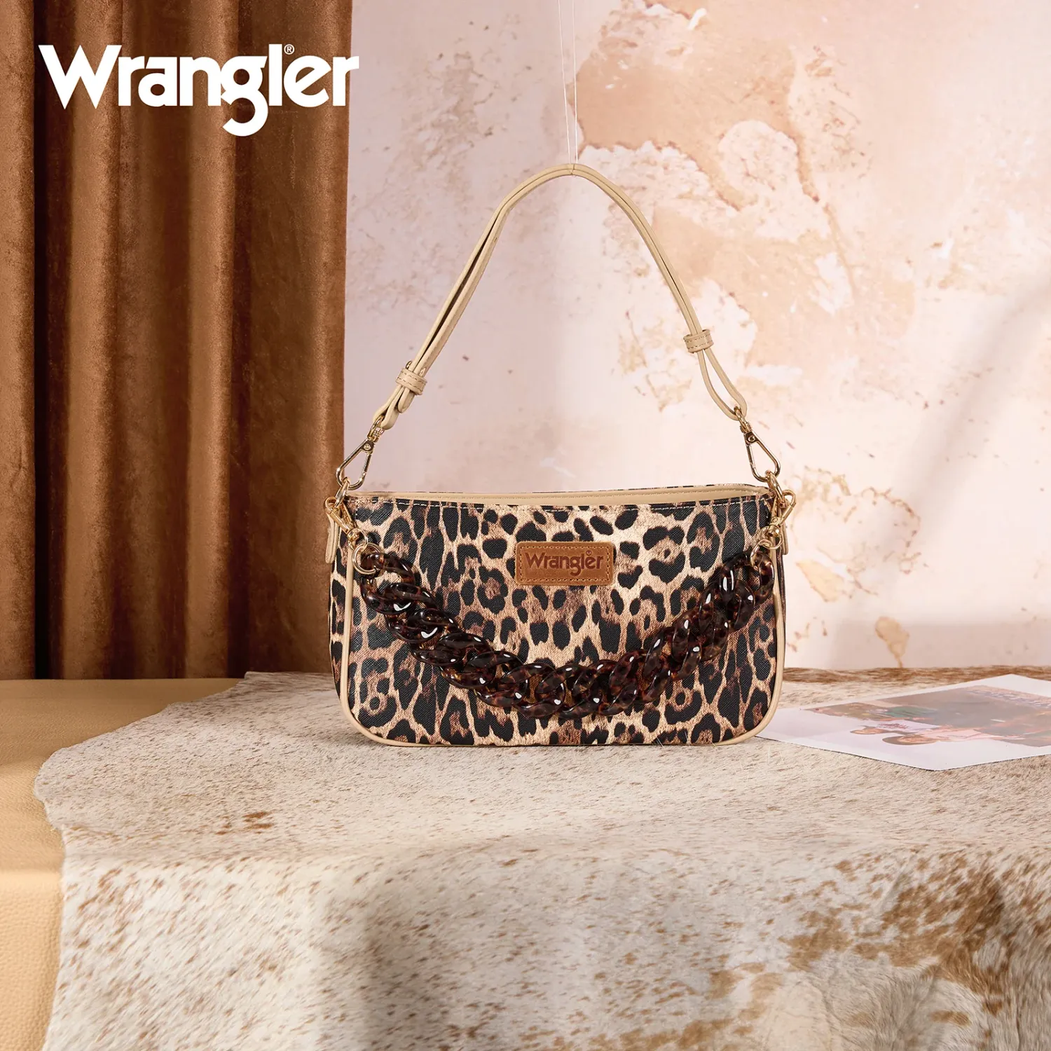 WRANGLER - Western Leopard Print Shoulder Bag w/Chain Detail