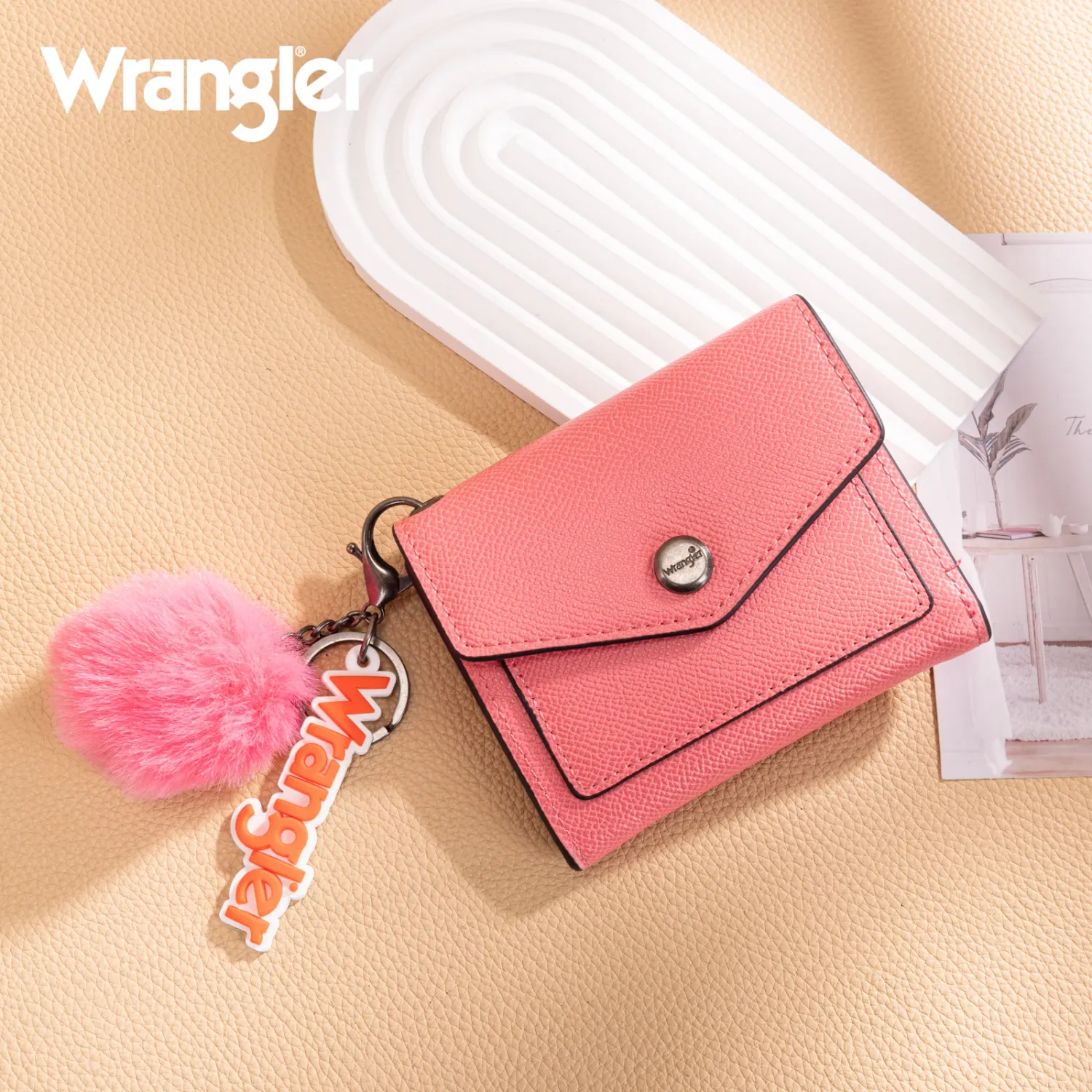 WRANGLER - Tri-Fold Peach Wallet with Keyring PomPom