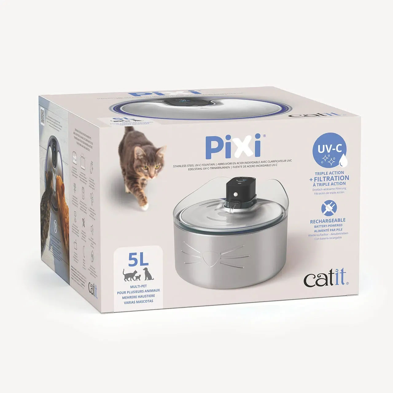 CATIT - PIXI Stainless Steel UV-C Drinking Fountain, Size: 5 Liters (1.3Gal)