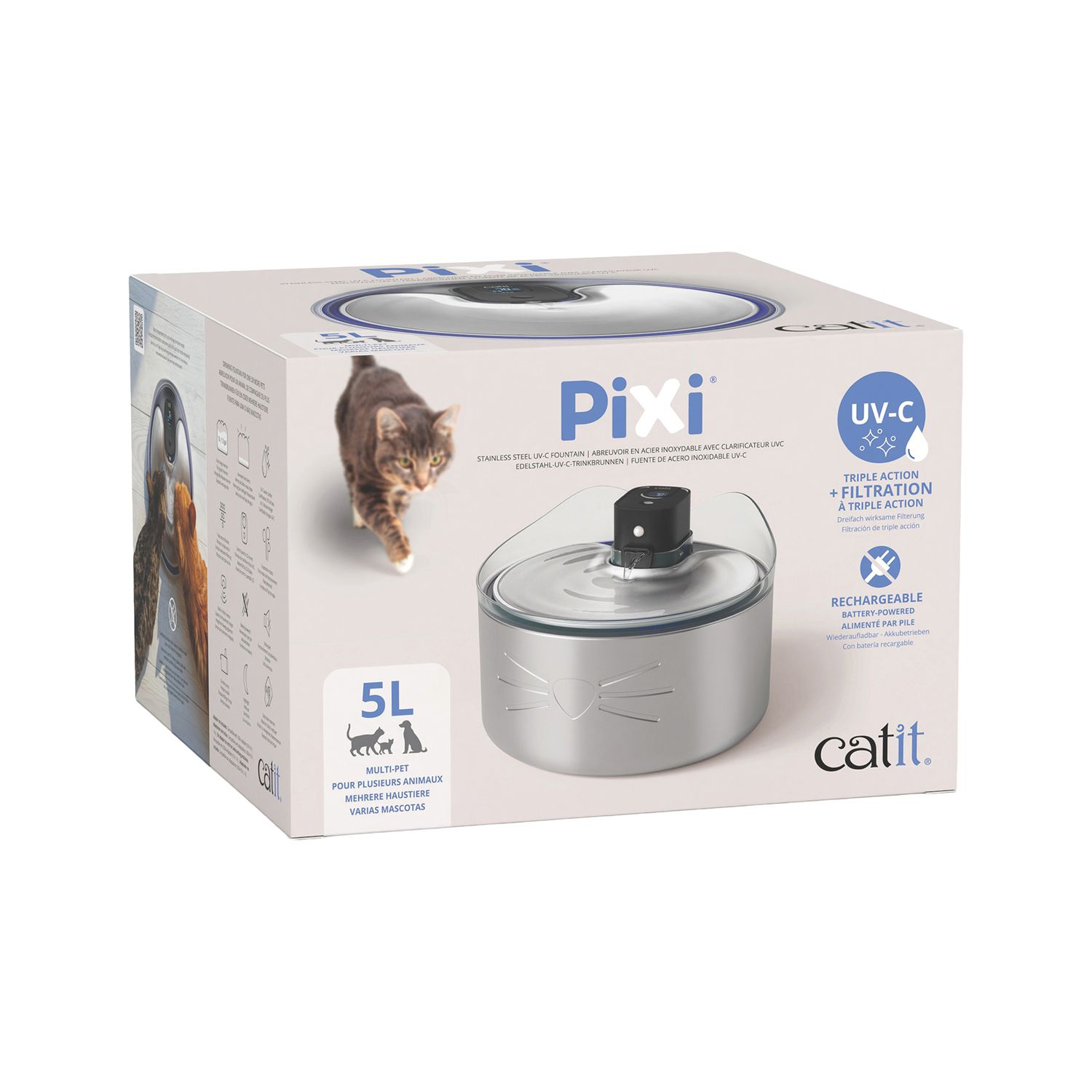 CATIT - PIXI Stainless Steel UV-C Drinking Fountain, Size: 5 Litres (1.3gal)