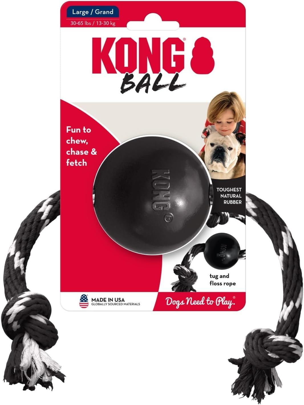 KONG - Black Extreme Ball with Rope Dog Toy, Size: Large