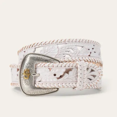 STETSON - Western Tooled Laced Edge White Leather Belt
