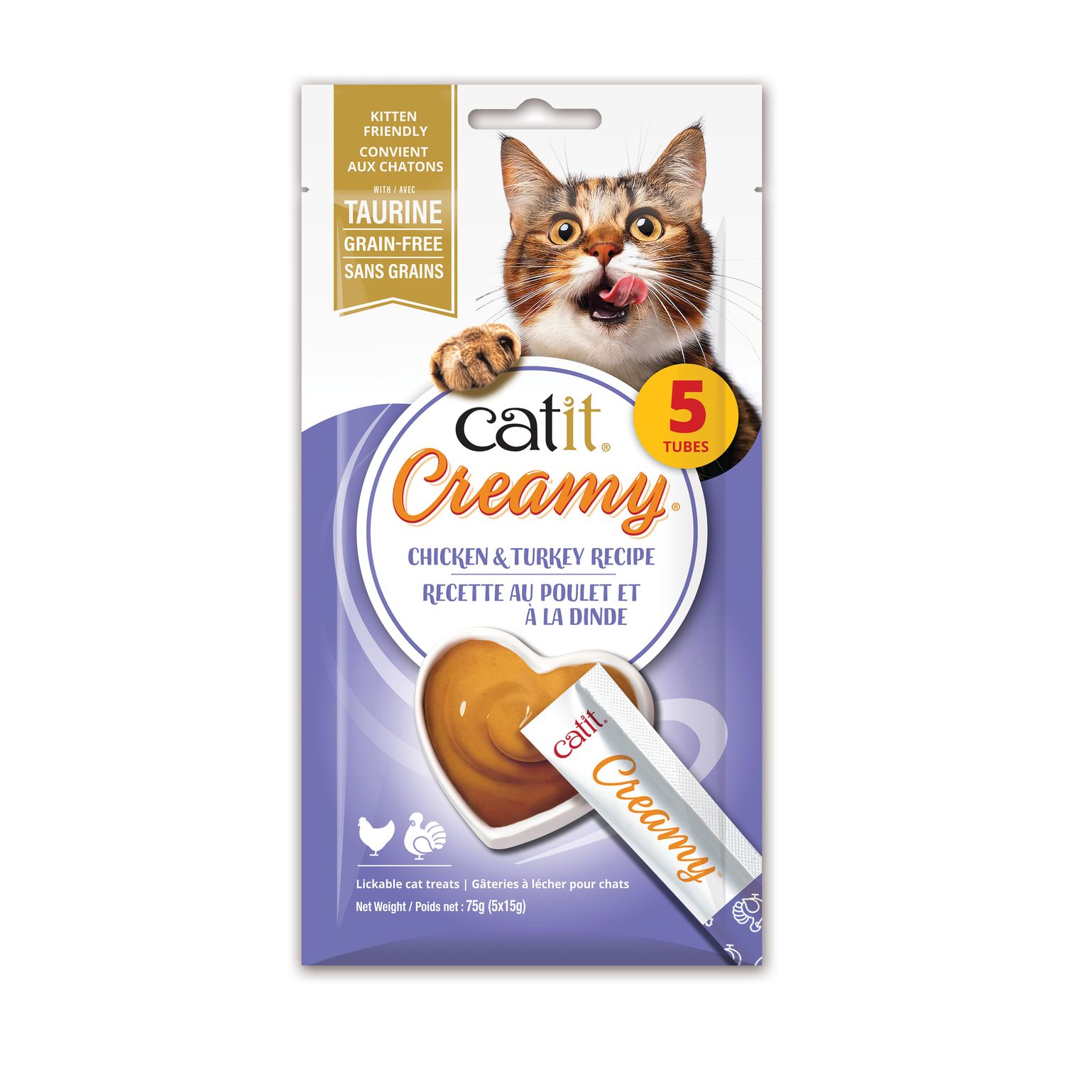 CATIT - Grain-Free Creamy Lickable Chicken &amp; Turkey Cat Treats, Size: 75g (5x Tubes)