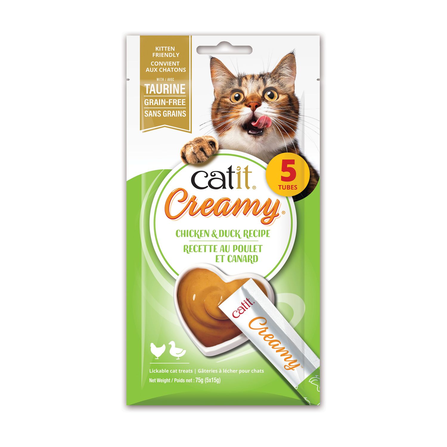 CATIT - Grain-Free Creamy Lickable Chicken &amp; Duck Cat Treats, Size: 75g (5x Tubes)