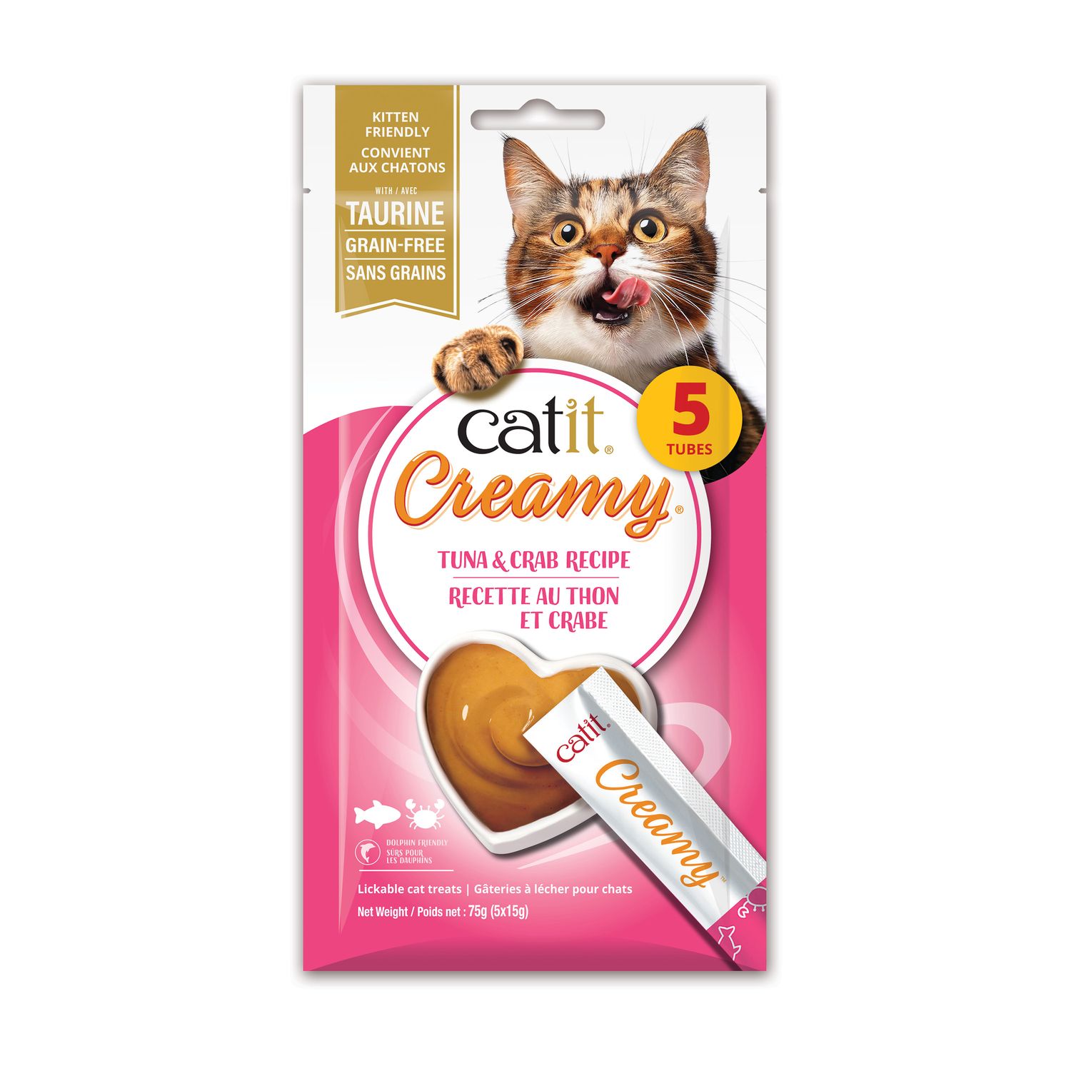 CATIT - Grain-Free Creamy Lickable Tuna &amp; Crab Cat Treats, Size: 75g (5x Tubes)