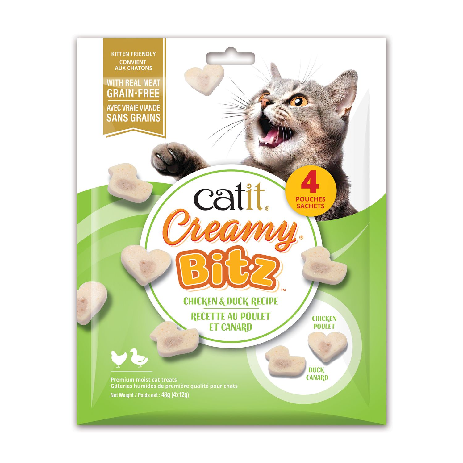 CATIT - Creamy Bitz Premium Juicy Cat Treats, Flavour: Poulet &amp; Canard, Size: 48g (4 sachets)