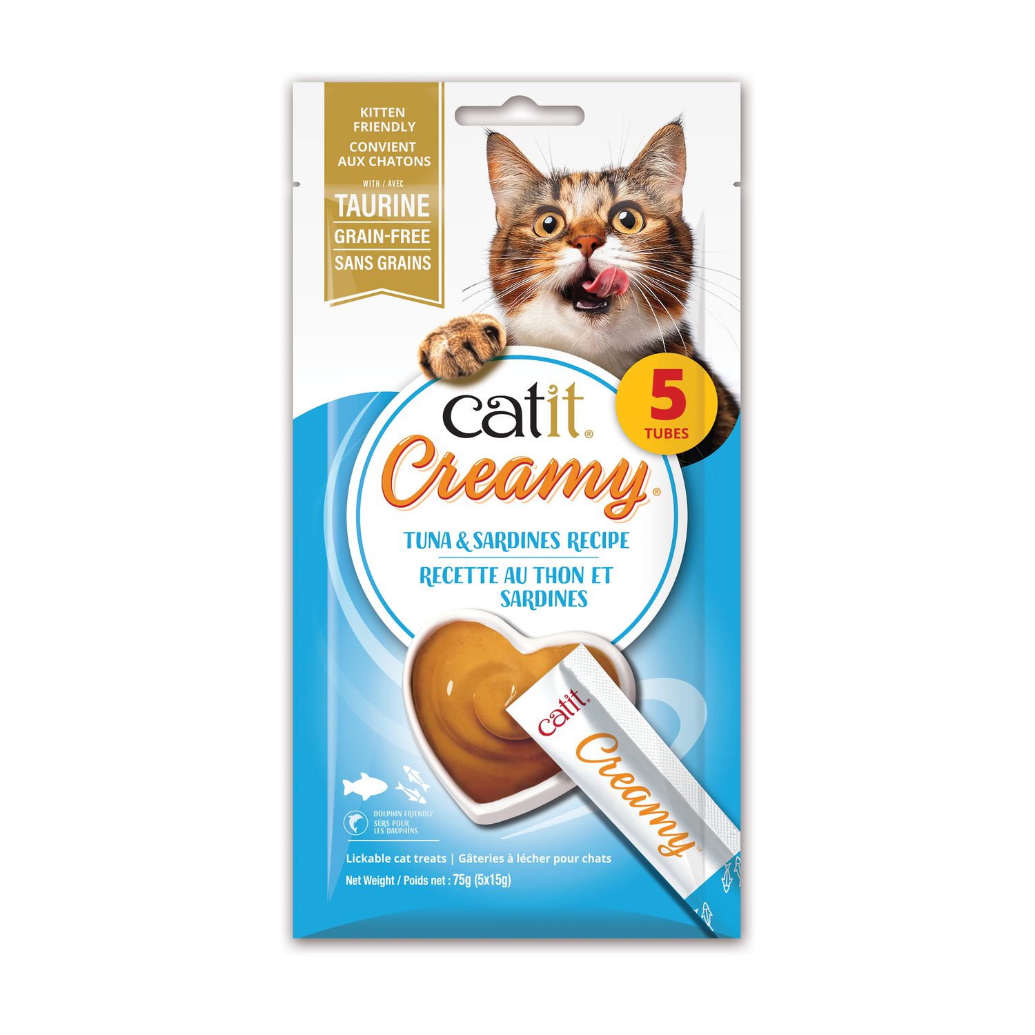CATIT - Grain-Free Creamy Lickable Tuna &amp; Sardines Cat Treats, Size: 75g (5x Tubes)