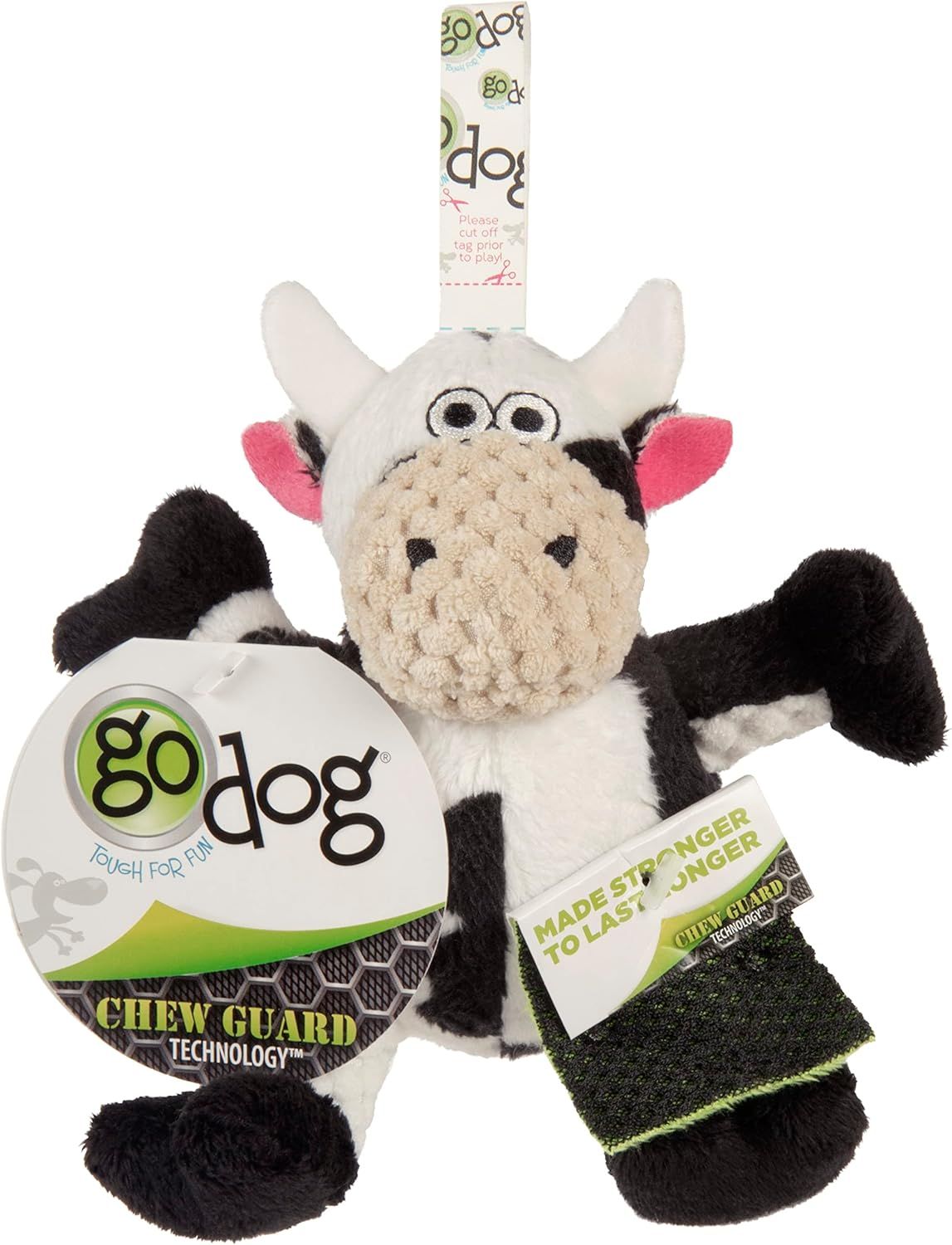 GODOG - Checkers Squeaky Cow Plush Dog Toy with Chew Guard Technology, Size: Small