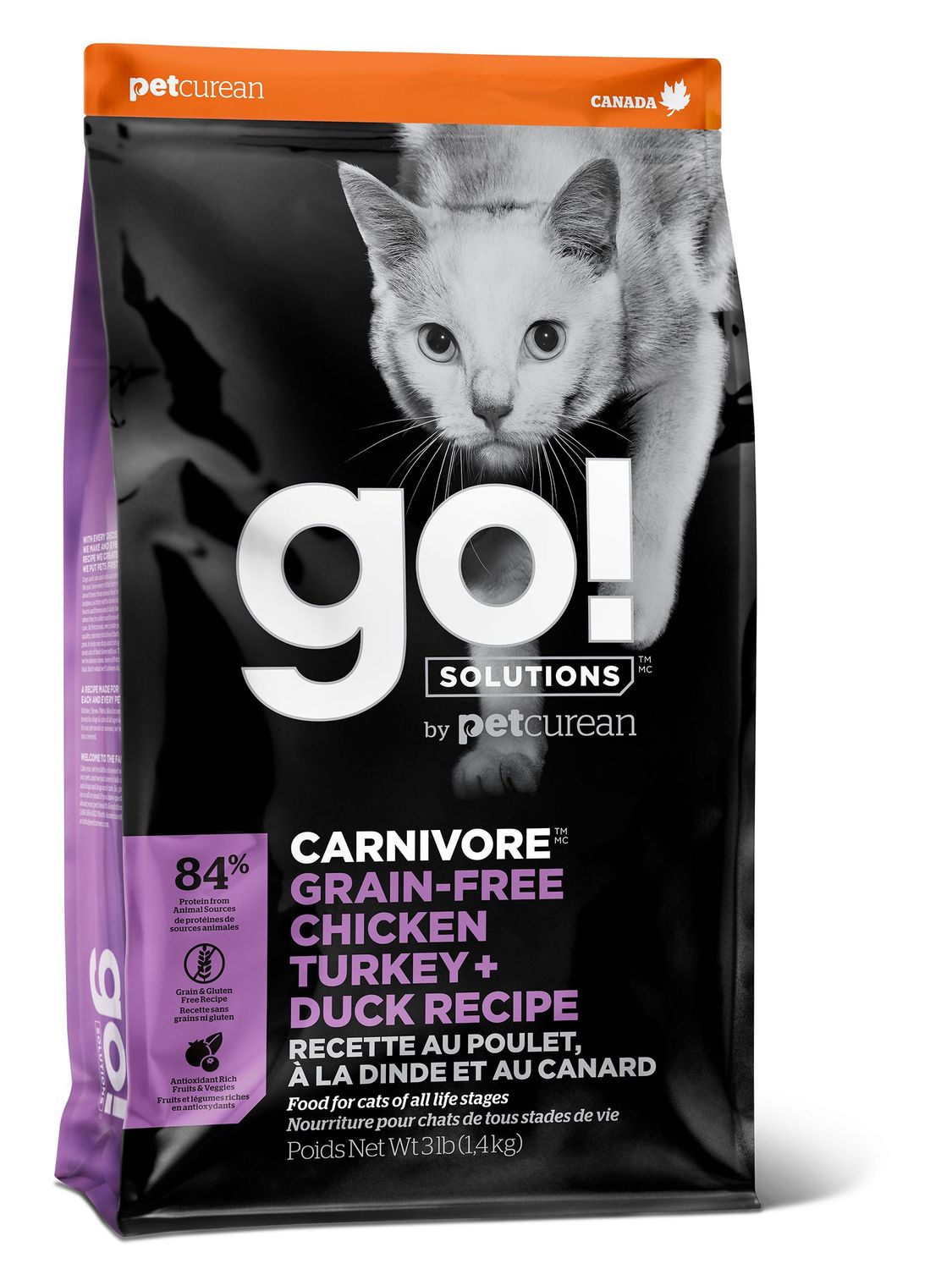 PETCUREAN - GO! Carnivore Chicken, Turkey + Duck Grain-Free Dry Cat Food, Size: 3lbs
