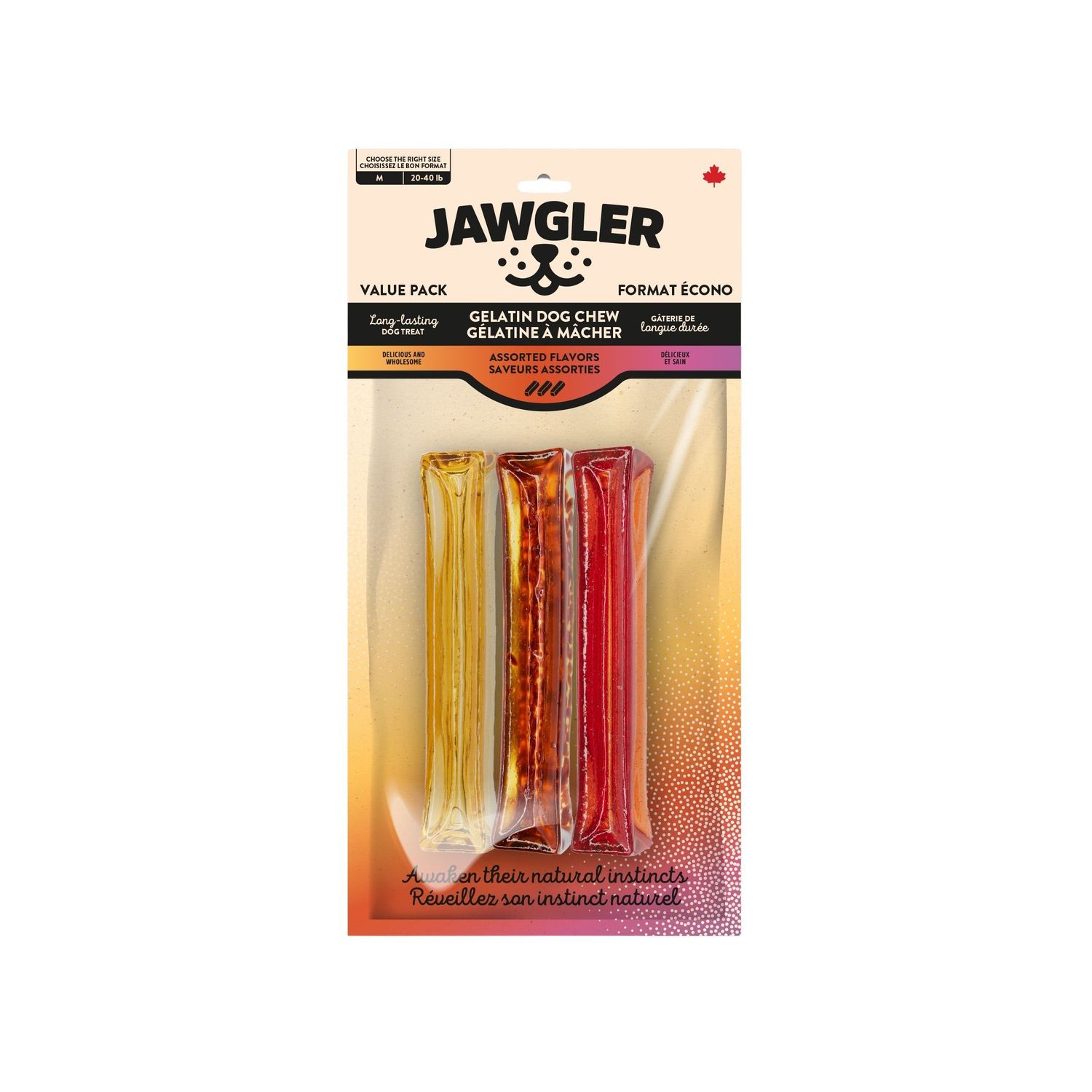 JAWGLER - 3Pack Assorted Flavours Gelatin Dog Chew, Size: Medium