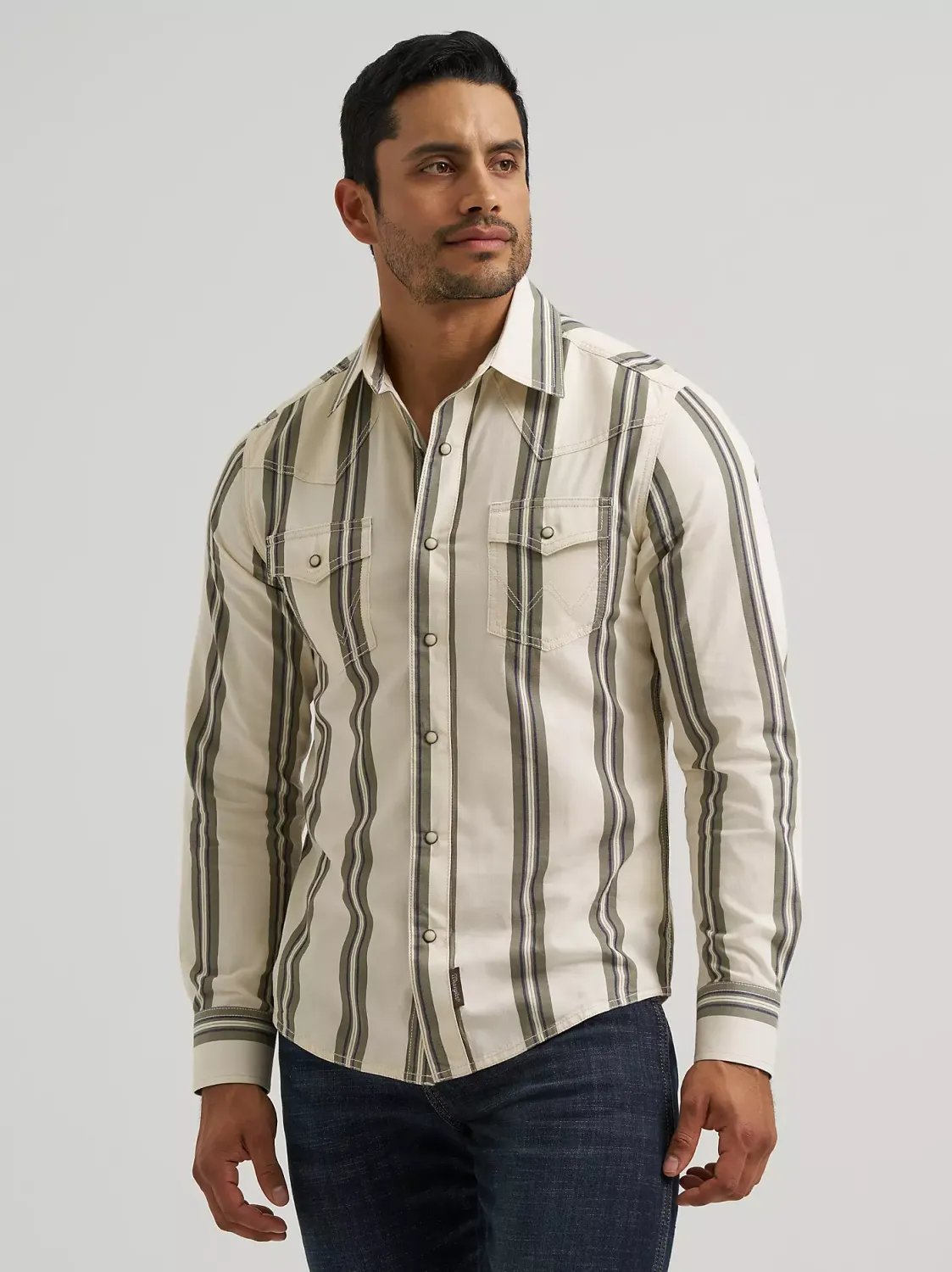 WRANGLER - Retro Premium Stripe Western Snap Olivine Shirt