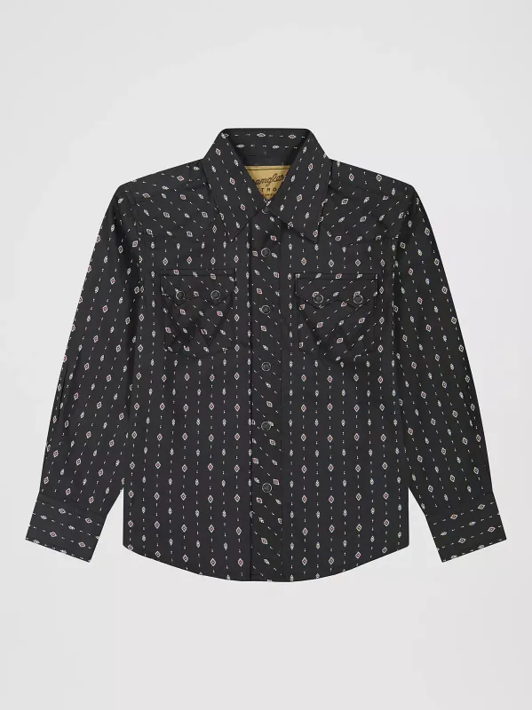 WRANGLER - Boy's Retro Western Snap Shirt with Front SawTooth Pockets Obsidian Chain