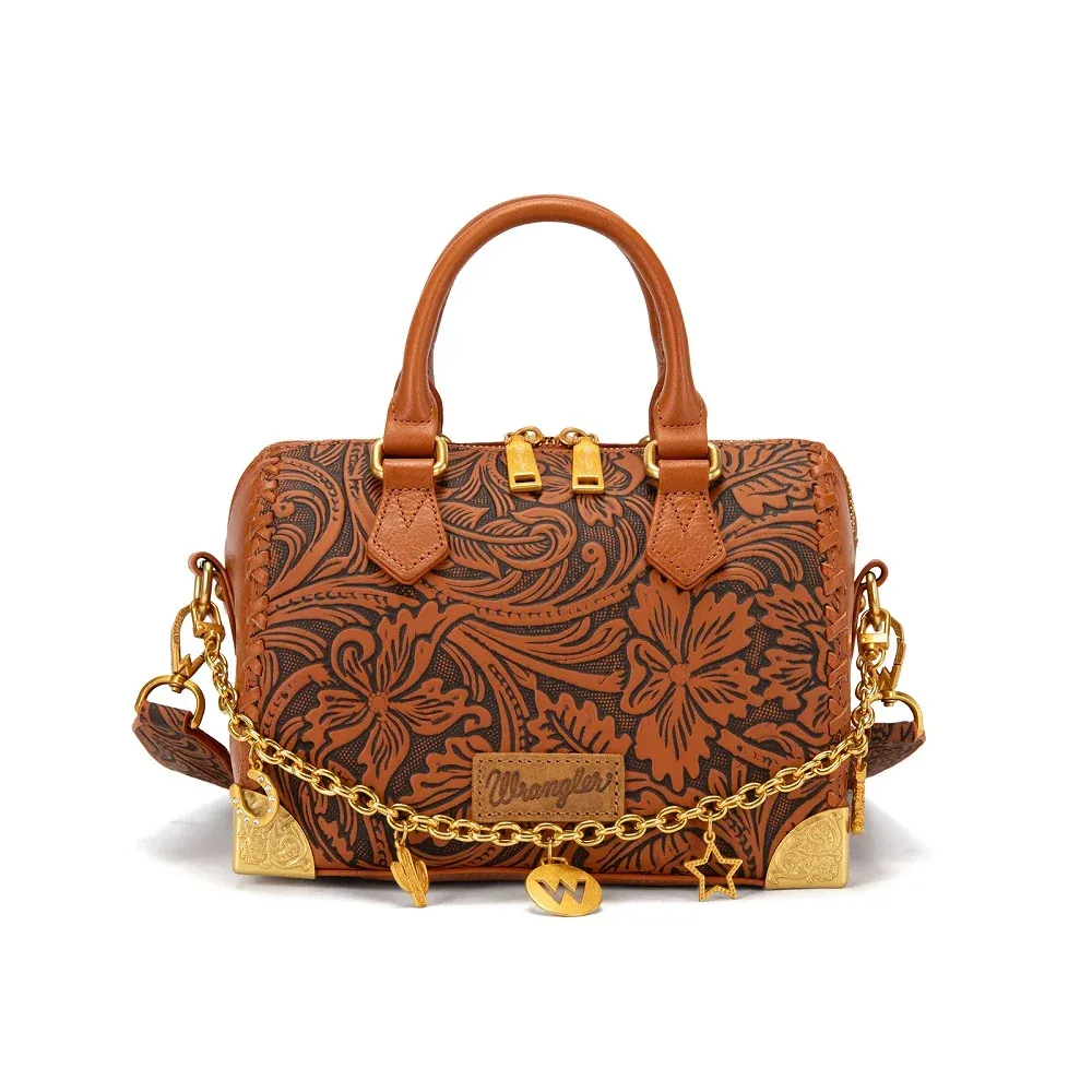 WRANGLER - Genuine Leather Tooled Floral Boston Crossbody Bag w/Charm Chain