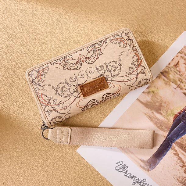 WRANGLER - Scroll Print Tan Zip Around Wallet