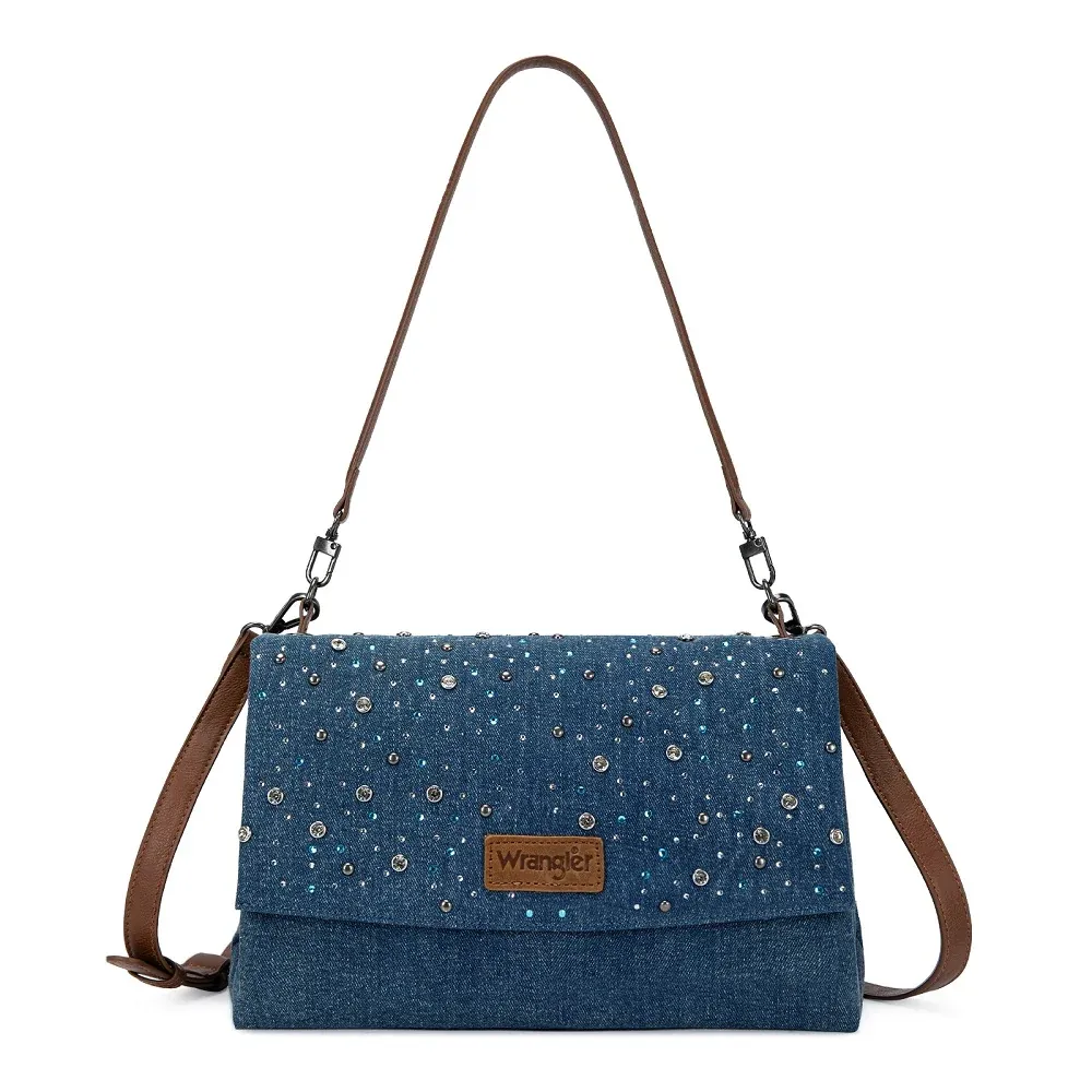 WRANGLER - Rhinestone Dark Denim Flap Jean Shoulder Bag