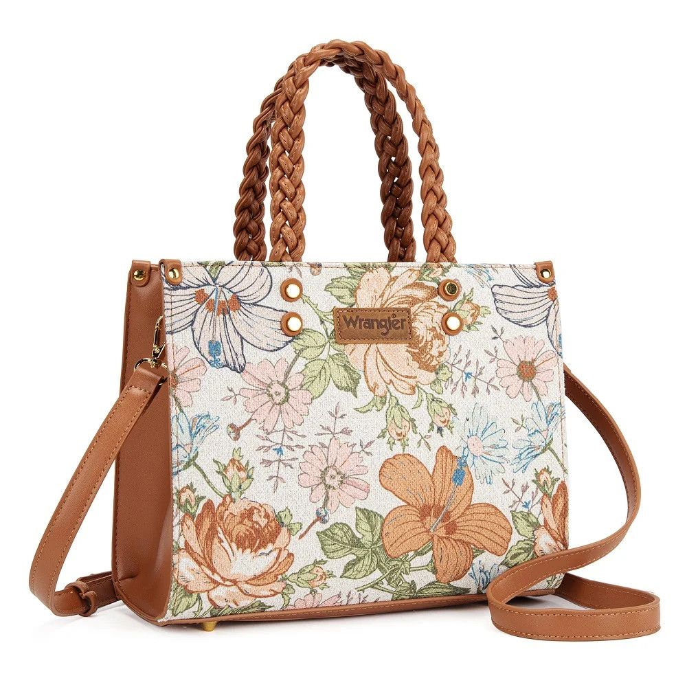 WRANGLER - Brown Floral Print Braided Tote Bag, Size: 14" x 5" x 10"