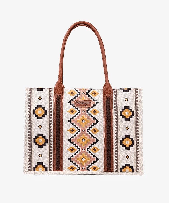 WRANGLER - Southwestern Aztec Print Canvas Coffee Wide Tote, Size: 17'' x 5'' x 13''
