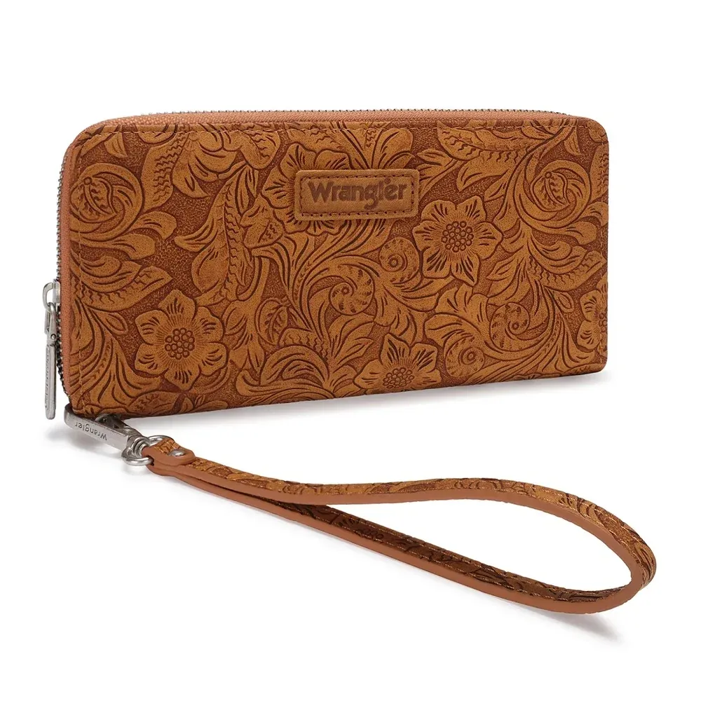 WRANGLER - Floral Tooled Wristlet RFID Brown Wallet