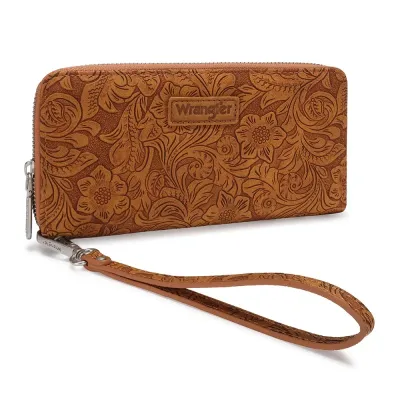 WRANGLER - Floral Tooled Wristlet RFID Brown Wallet