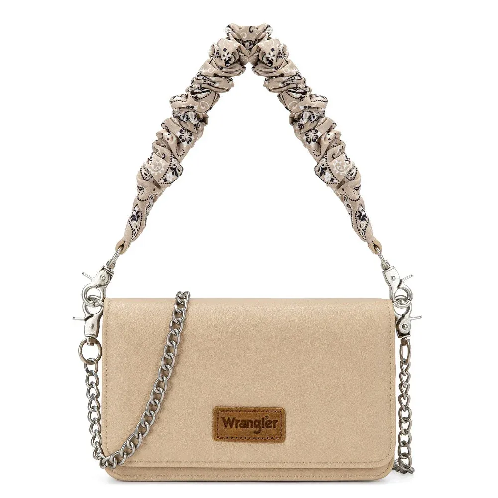 WRANGLER - Dual Strap Bandana Ruched Flap Tan Crossbody Wallet Bag