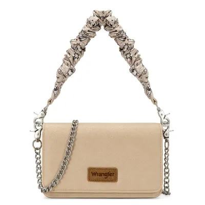 WRANGLER - Dual Strap Bandana Ruched Flap Tan Crossbody Wallet Bag
