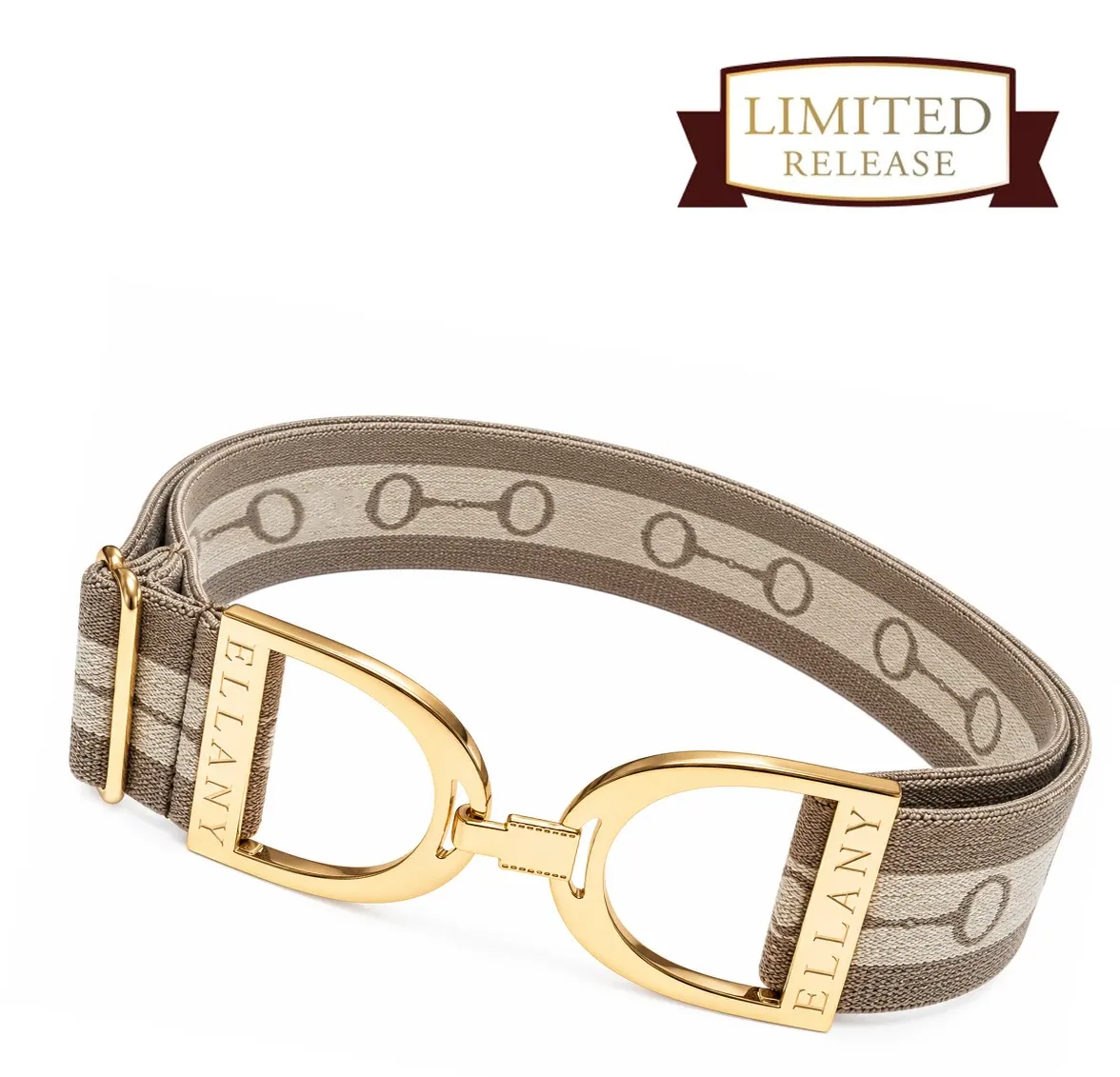 ELLANY - Elastic Belt 1.5" Taupe Taryn with Gold Stirrup LIMITED Collection