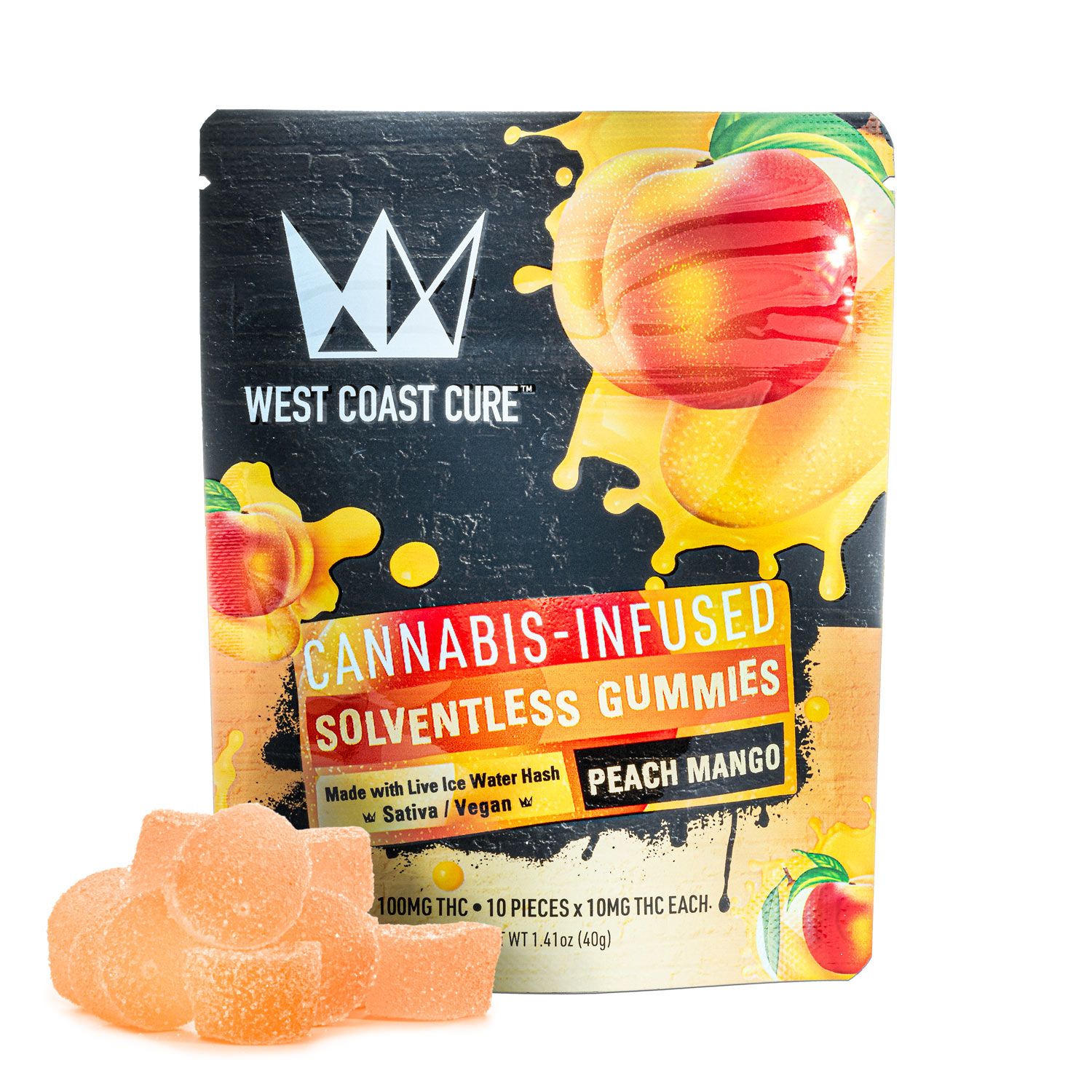 Peach Mango Flavored Solventless Vegan Gummies - 10 x 10mg 100mg THC | West Coast Cure