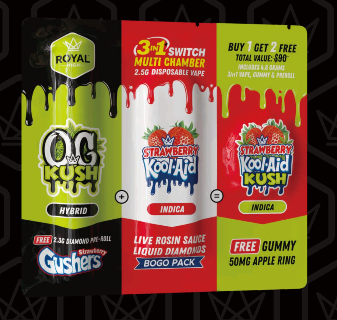2.5g Strawberry Kool-Aid Live Rosin Sauce &amp; Liquid Diamonds Disposable + 2.3g OG Kush Diamond Pre-Roll + 50mg Strawberry Kool-Aid Gummy | Royal Highness