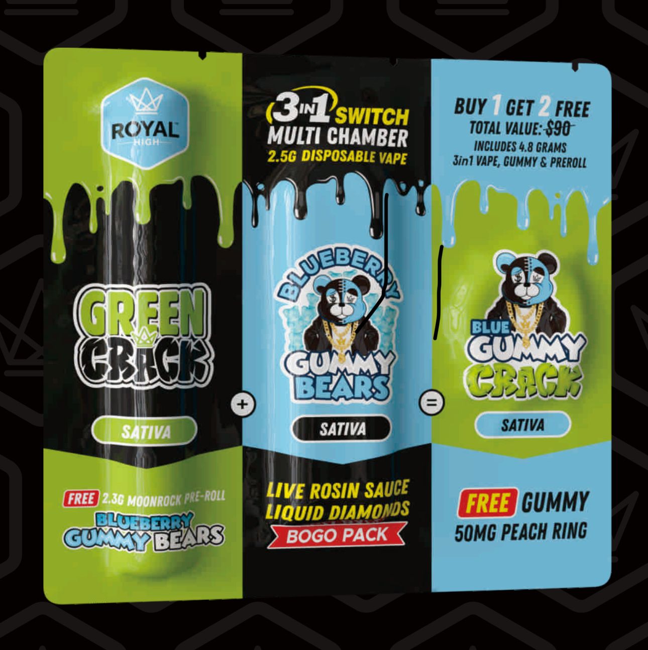 2.5g Blueberry Gummy Bears Live Rosin Sauce &amp; Liquid Diamonds Disposable + 2.3g Green Crack Diamond Pre-Roll + 50mg Blue Gummy Crack Gummy | Royal Highness