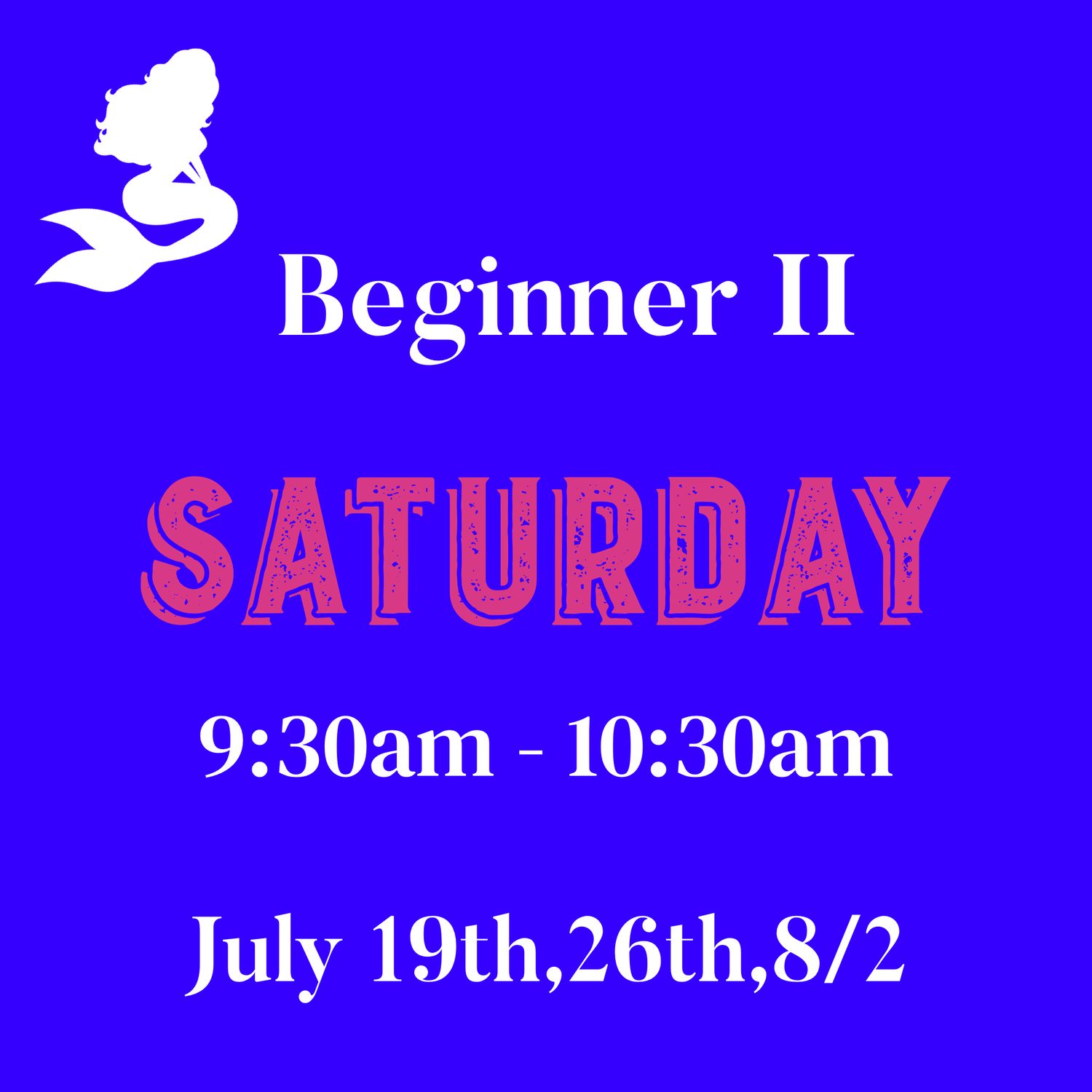 Beginner II / Saturday/ July 19,26,8/2 9:30am -10:30am